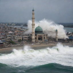 A sudden, dramatic scene where a massive tsunami engulfs a once vibrant city, reducing buildings to rubble. Amidst the catastrophic destruction, only an architecturally magnificent mosque remains undamaged, standing tall as a symbol of resilience.