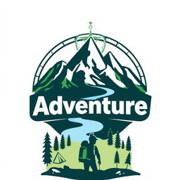 A logo that embodies the spirit of adventure, featuring a stylized mountain range, a winding river, and a compass