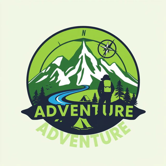 A logo that embodies the spirit of adventure, featuring a stylized mountain range, a winding river, and a compass