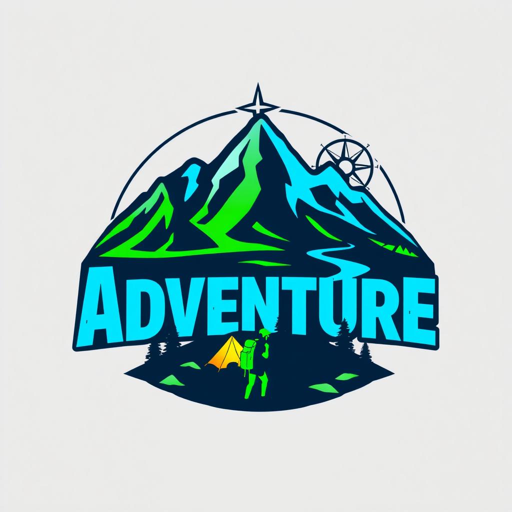 A logo that embodies the spirit of adventure, featuring a stylized mountain range, a winding river, and a compass