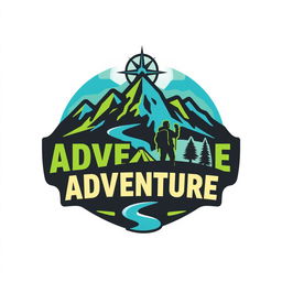 A logo that embodies the spirit of adventure, featuring a stylized mountain range, a winding river, and a compass