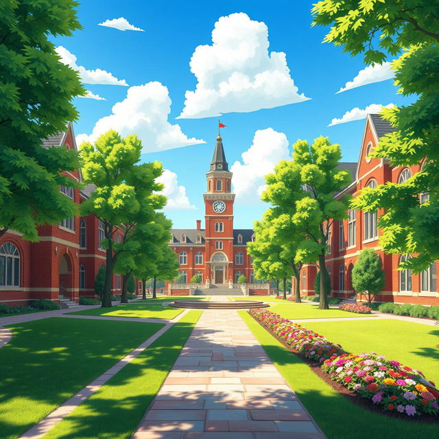 A vibrant and lively animated portrayal of a college university campus without any students present