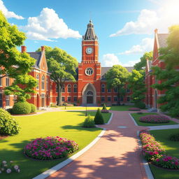 A vibrant and lively animated portrayal of a college university campus without any students present