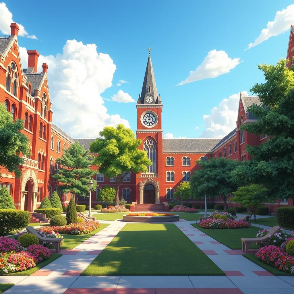 A vibrant and lively animated portrayal of a college university campus without any students present