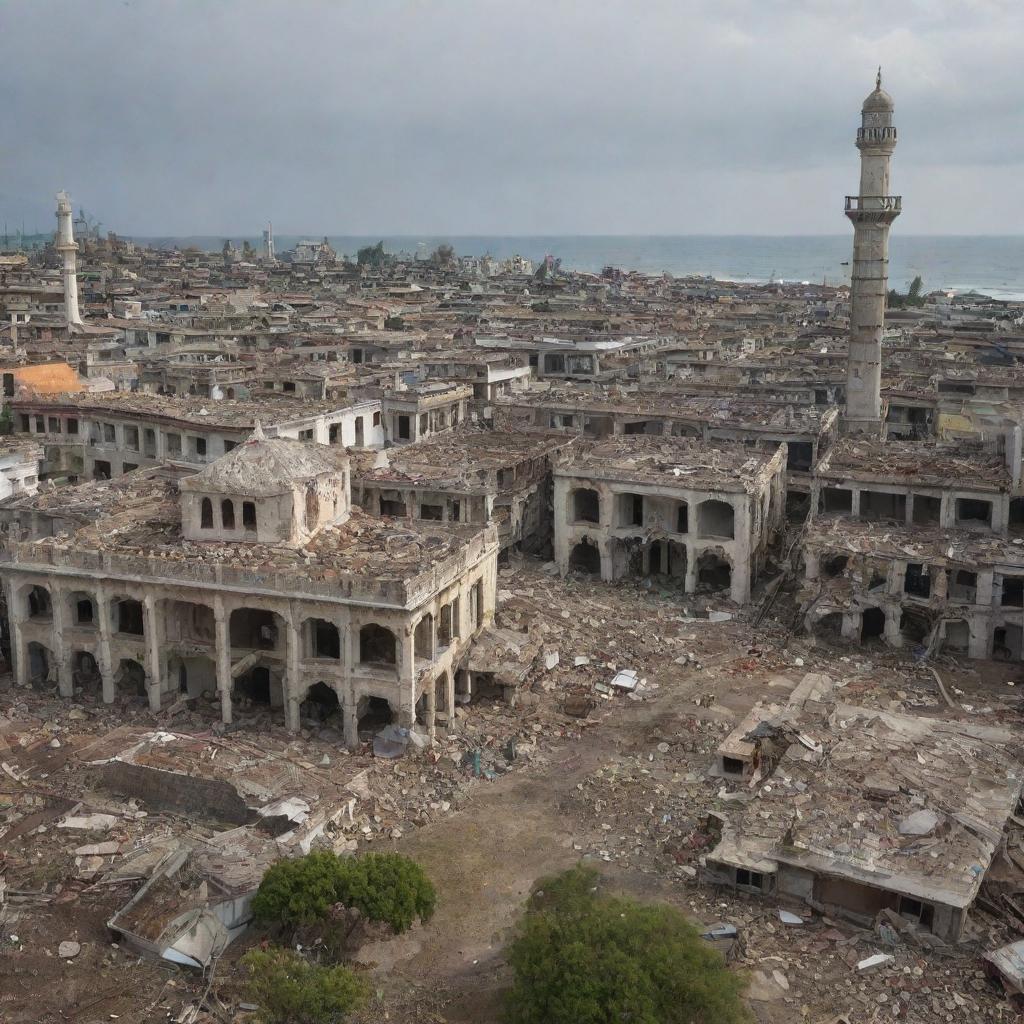 A post-catastrophe scene presenting dilapidated residential structures, their former homeliness lost to the destructive power of a tsunami. Amidst the wreckage, the mosque stands resilient and unscathed, an embodiment of enduring faith.