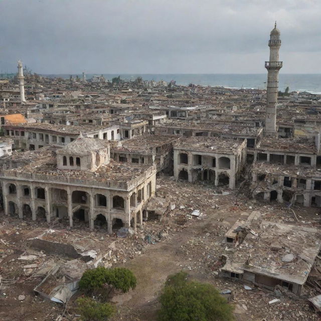 A post-catastrophe scene presenting dilapidated residential structures, their former homeliness lost to the destructive power of a tsunami. Amidst the wreckage, the mosque stands resilient and unscathed, an embodiment of enduring faith.