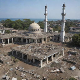 A post-catastrophe scene presenting dilapidated residential structures, their former homeliness lost to the destructive power of a tsunami. Amidst the wreckage, the mosque stands resilient and unscathed, an embodiment of enduring faith.