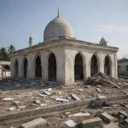 A post-catastrophe scene presenting dilapidated residential structures, their former homeliness lost to the destructive power of a tsunami. Amidst the wreckage, the mosque stands resilient and unscathed, an embodiment of enduring faith.