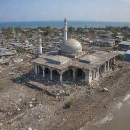 A post-catastrophe scene presenting dilapidated residential structures, their former homeliness lost to the destructive power of a tsunami. Amidst the wreckage, the mosque stands resilient and unscathed, an embodiment of enduring faith.