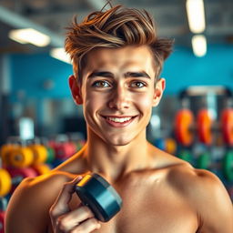 A handsome young man with expressive eyes sparkling with innocence and wonder, showcasing a perfectly sculpted physique from working out with dumbbells