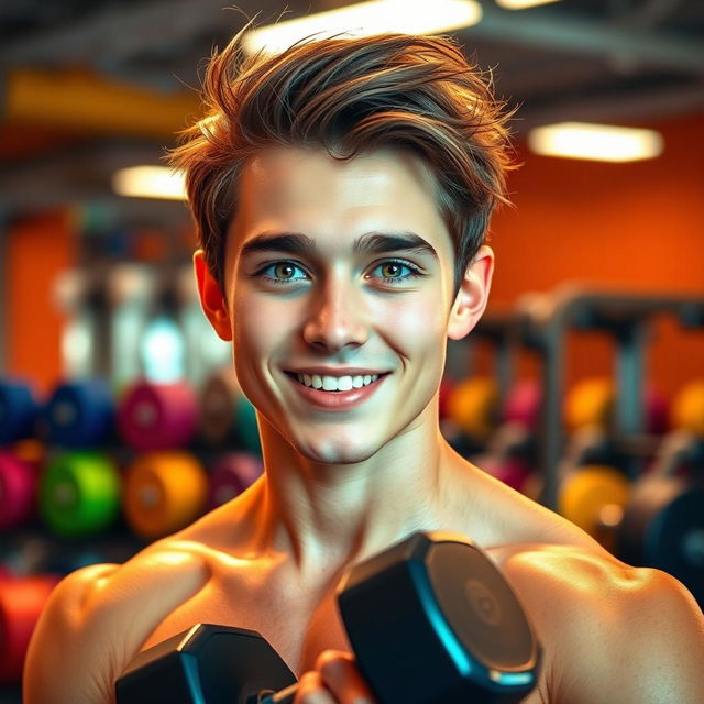 A handsome young man with expressive eyes sparkling with innocence and wonder, showcasing a perfectly sculpted physique from working out with dumbbells