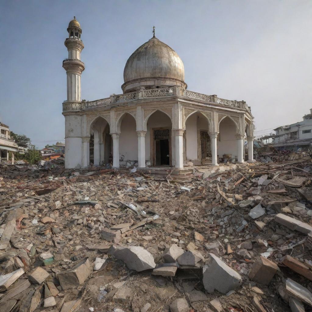 A scenario of resilience where homes lay in ruin after the devastating tsunami. Amidst the chaos, the mosque stands untouched with its interior, including the devout individuals inside, miraculously unharmed, a beacon of hope amid destruction.