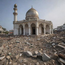 A scenario of resilience where homes lay in ruin after the devastating tsunami. Amidst the chaos, the mosque stands untouched with its interior, including the devout individuals inside, miraculously unharmed, a beacon of hope amid destruction.