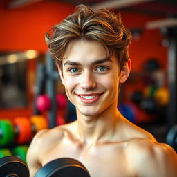A handsome young man with expressive eyes sparkling with innocence and wonder, showcasing a perfectly sculpted physique from working out with dumbbells
