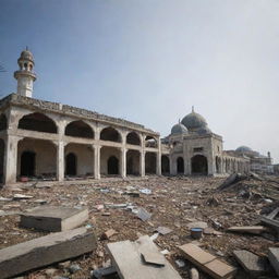 A scenario of resilience where homes lay in ruin after the devastating tsunami. Amidst the chaos, the mosque stands untouched with its interior, including the devout individuals inside, miraculously unharmed, a beacon of hope amid destruction.