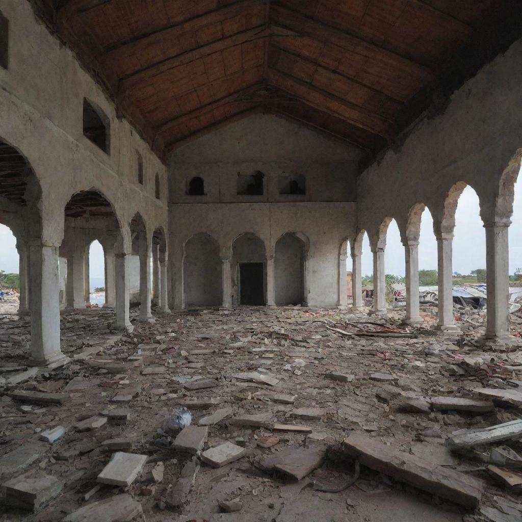 A scenario of resilience where homes lay in ruin after the devastating tsunami. Amidst the chaos, the mosque stands untouched with its interior, including the devout individuals inside, miraculously unharmed, a beacon of hope amid destruction.