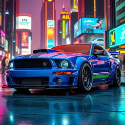 An eye-catching blue 2006 Ford Mustang featuring widebody fenders, a bold front splitter, mismatched body panels, and a prominently mounted transmission cooler, all set in a captivating cyberpunk environment