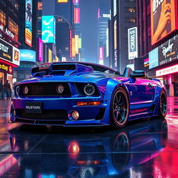 An eye-catching blue 2006 Ford Mustang featuring widebody fenders, a bold front splitter, mismatched body panels, and a prominently mounted transmission cooler, all set in a captivating cyberpunk environment