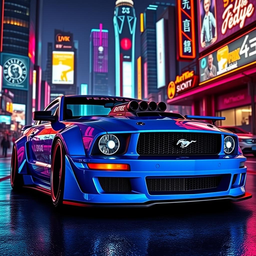 An eye-catching blue 2006 Ford Mustang featuring widebody fenders, a bold front splitter, mismatched body panels, and a prominently mounted transmission cooler, all set in a captivating cyberpunk environment