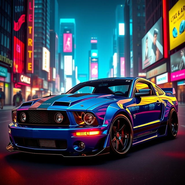 An eye-catching blue 2006 Ford Mustang featuring widebody fenders, a bold front splitter, mismatched body panels, and a prominently mounted transmission cooler, all set in a captivating cyberpunk environment