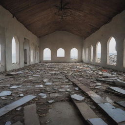 A scenario of resilience where homes lay in ruin after the devastating tsunami. Amidst the chaos, the mosque stands untouched with its interior, including the devout individuals inside, miraculously unharmed, a beacon of hope amid destruction.