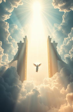 A grand and majestic scene depicting the gates of heaven being opened with bright beams of heavenly light streaming through