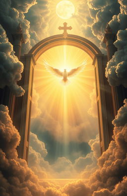 A grand and majestic scene depicting the gates of heaven being opened with bright beams of heavenly light streaming through