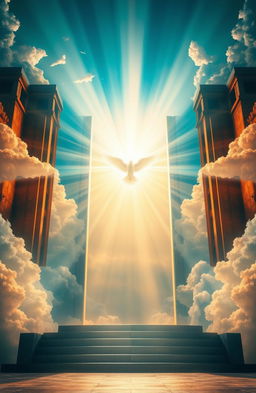 A grand and majestic scene depicting the gates of heaven being opened with bright beams of heavenly light streaming through