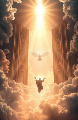 A grand and majestic scene depicting the gates of heaven being opened with bright beams of heavenly light streaming through