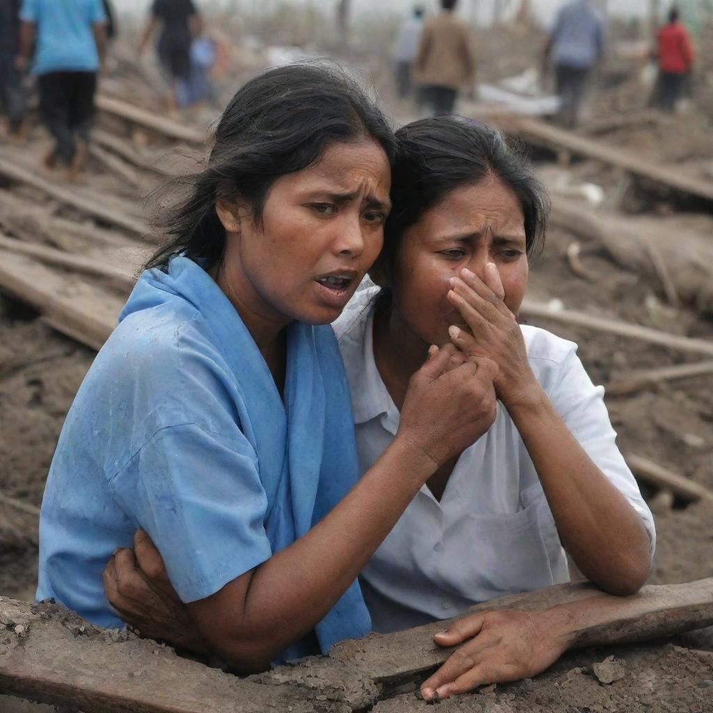 An emotion-charged image of people, their faces etched with worry and despair, frantically searching through the wreckage of the tsunami-hit city for their lost family members, shedding tears of sorrow, distress, and hope.