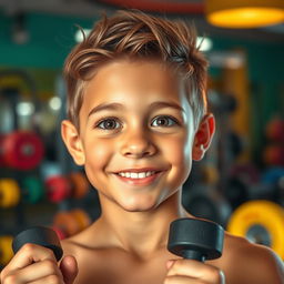A handsome young boy with expressive eyes sparkling with innocence and wonder, showcasing a toned and muscular physique developed from gym workouts with dumbbells