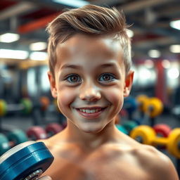 A handsome young boy with expressive eyes sparkling with innocence and wonder, showcasing a toned and muscular physique developed from gym workouts with dumbbells