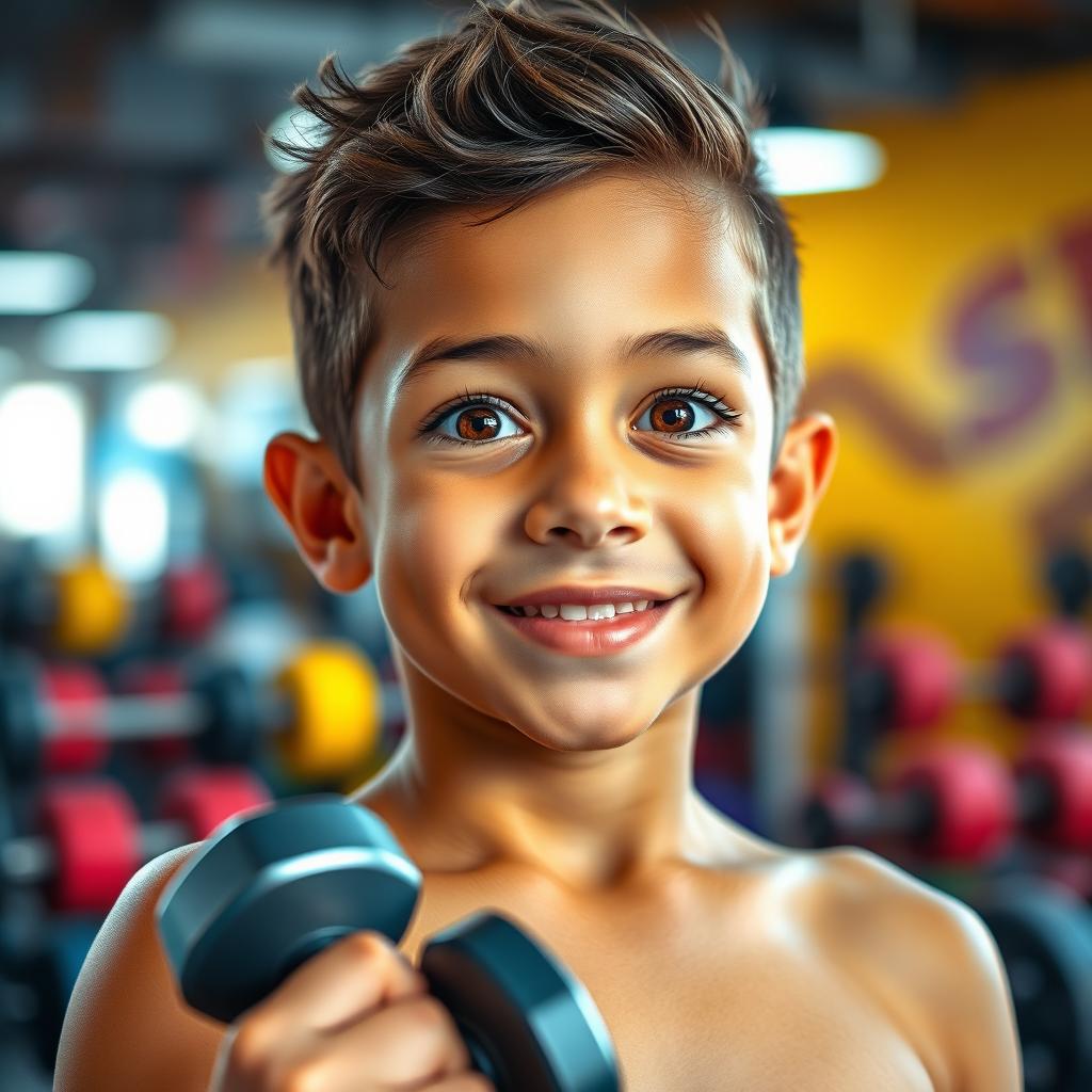 A handsome young boy with expressive eyes sparkling with innocence and wonder, showcasing a toned and muscular physique developed from gym workouts with dumbbells