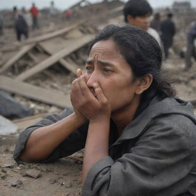 An emotion-charged image of people, their faces etched with worry and despair, frantically searching through the wreckage of the tsunami-hit city for their lost family members, shedding tears of sorrow, distress, and hope.