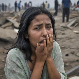 An emotion-charged image of people, their faces etched with worry and despair, frantically searching through the wreckage of the tsunami-hit city for their lost family members, shedding tears of sorrow, distress, and hope.