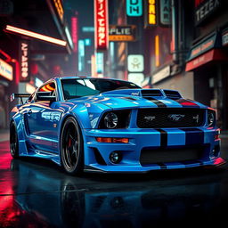 A striking blue 2006 Ford Mustang, featuring aggressive widebody fenders that enhance its muscular stance