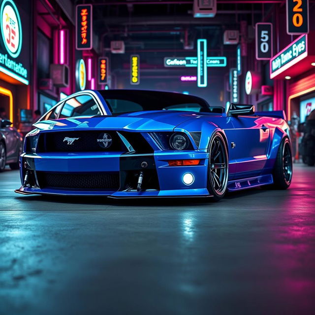 A striking blue 2006 Ford Mustang, featuring aggressive widebody fenders that enhance its muscular stance