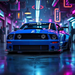 A striking blue 2006 Ford Mustang, featuring aggressive widebody fenders that enhance its muscular stance