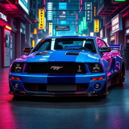 A striking blue 2006 Ford Mustang, featuring aggressive widebody fenders that enhance its muscular stance