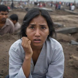 An emotion-charged image of people, their faces etched with worry and despair, frantically searching through the wreckage of the tsunami-hit city for their lost family members, shedding tears of sorrow, distress, and hope.