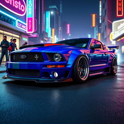 A striking blue 2006 Ford Mustang with aggressive widebody fenders that emphasize its muscular look