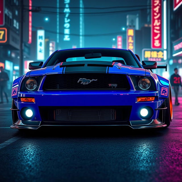 A striking blue 2006 Ford Mustang with aggressive widebody fenders that emphasize its muscular look