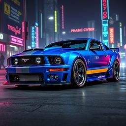 A striking blue 2006 Ford Mustang with aggressive widebody fenders that emphasize its muscular look