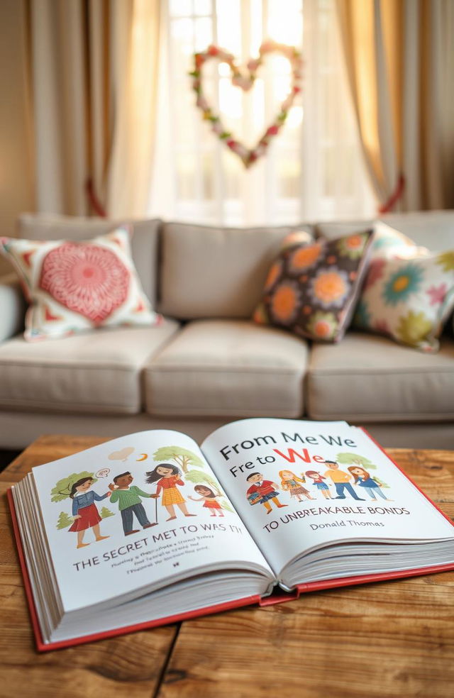 An open book titled 'From Me to We: The Secrets To Unbreakable Bonds' by Donald Thomas, placed on a beautifully rustic wooden table