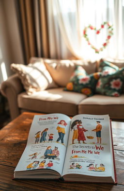 An open book titled 'From Me to We: The Secrets To Unbreakable Bonds' by Donald Thomas, placed on a beautifully rustic wooden table