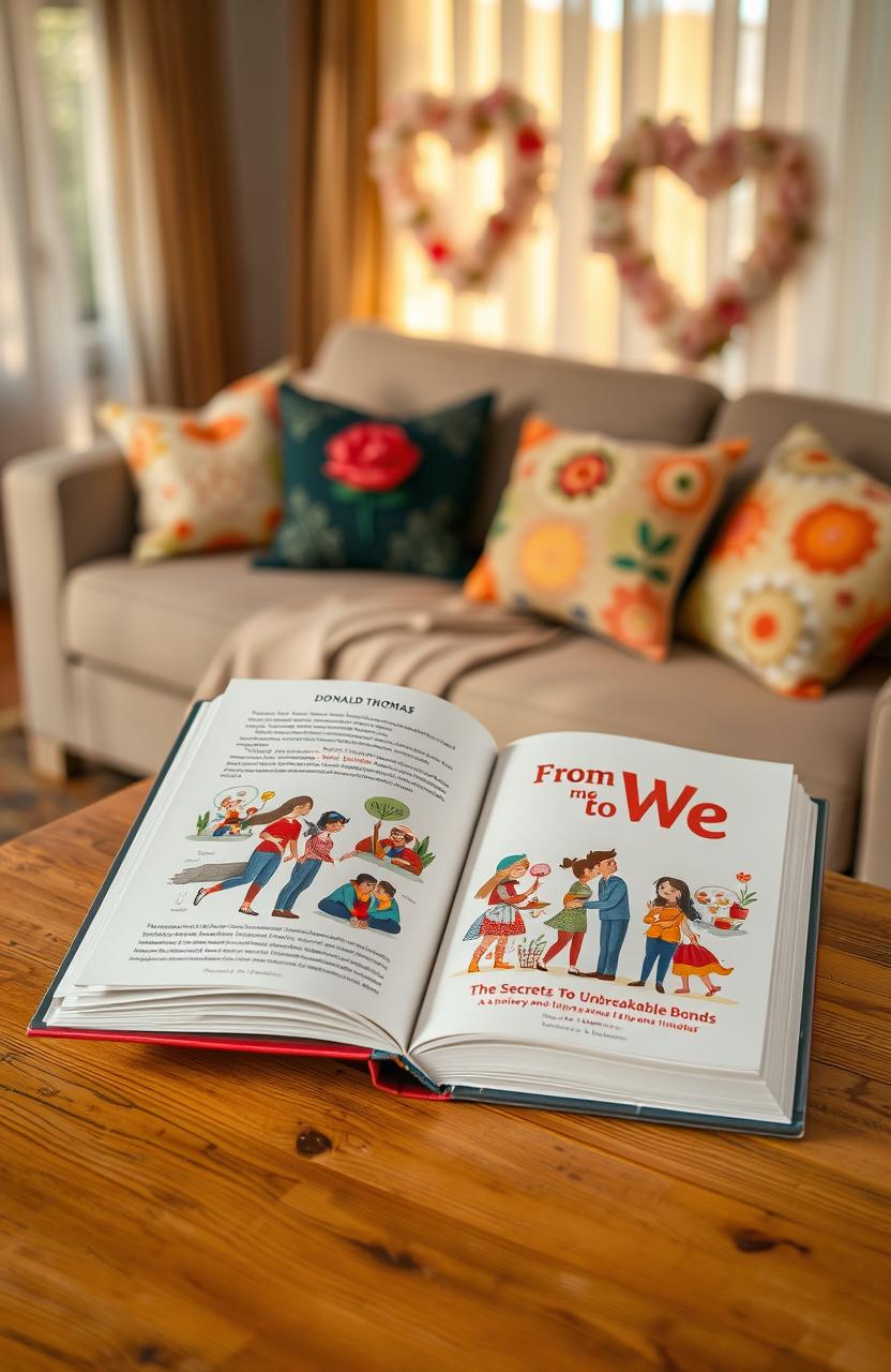 An open book titled 'From Me to We: The Secrets To Unbreakable Bonds' by Donald Thomas, placed on a beautifully rustic wooden table