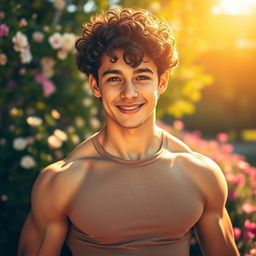 A muscular teenage boy with curly hair, strikingly beautiful eyes, and an alluring smile, posing confidently against a vibrant backdrop of a sunlit park filled with blooming flowers