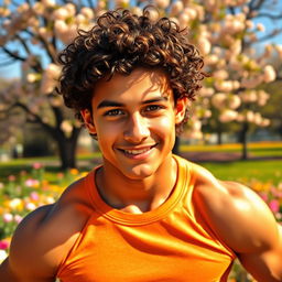 A muscular teenage boy with curly hair, strikingly beautiful eyes, and an alluring smile, posing confidently against a vibrant backdrop of a sunlit park filled with blooming flowers