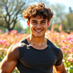 A muscular teenage boy with curly hair, strikingly beautiful eyes, and an alluring smile, posing confidently against a vibrant backdrop of a sunlit park filled with blooming flowers