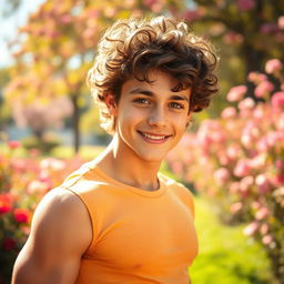 A muscular teenage boy with curly hair, strikingly beautiful eyes, and an alluring smile, posing confidently against a vibrant backdrop of a sunlit park filled with blooming flowers